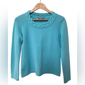 Charter Club 100% Cashmere Pullover Sweater Blue Aqua Braided Neck SP Petite